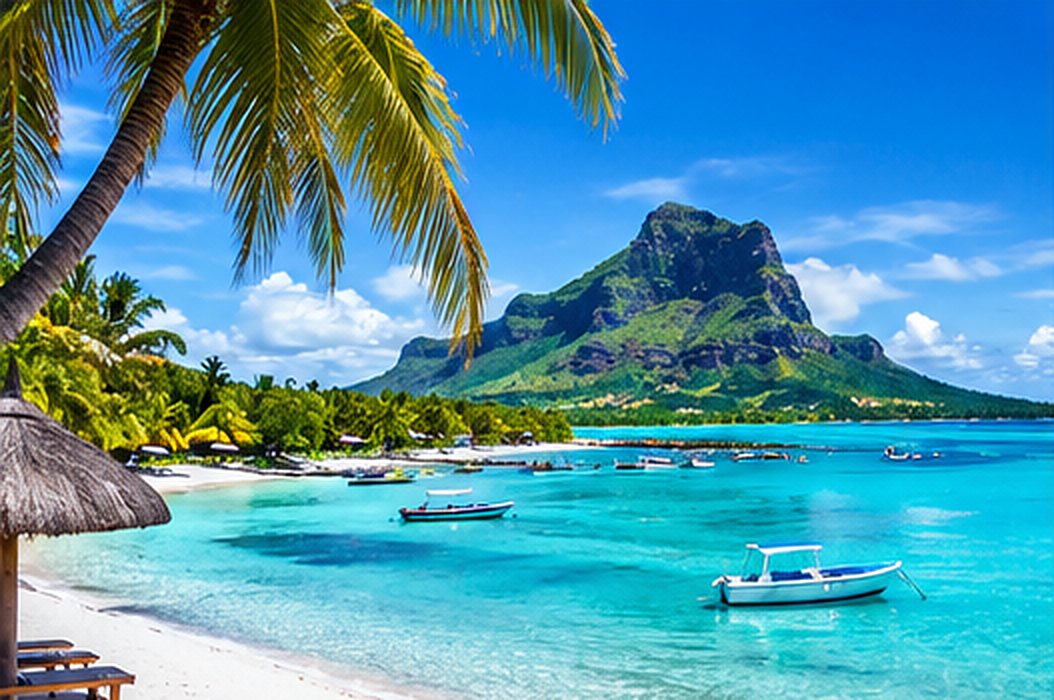 Lagon turquoise et montagne du Morne, île Maurice